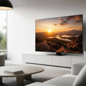 Ambiente residencial com Smart TV de 50 ou 55 polegadas, ilustração gerada por IA