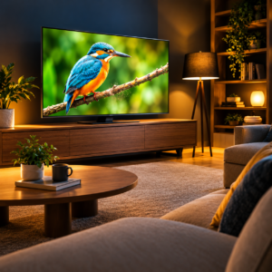 Ambiente residencial com Smart TV de 65 ou 70 polegadas, ilustração gerada por IA