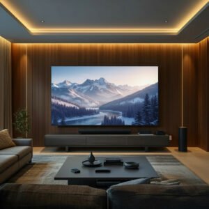 Ambiente residencial com Smart TV grande, de 75 a 100 polegadas, ilustração gerada por IA